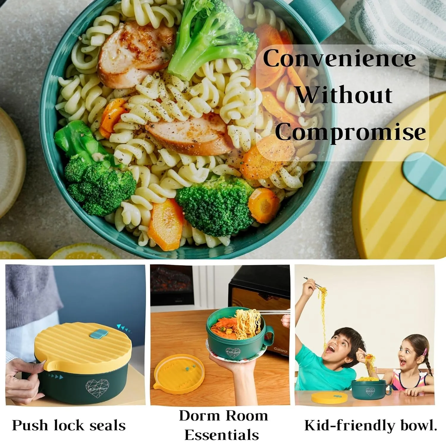 AI LOVE PEACE Ramen Bowl, 40 oz Microwaveable Noodle Cooker for Ramen, Pho, Soup, and Pasta, Dishwasher Safe and Portable, Ideal for Home, Office, Dorm, or Gift (Green)