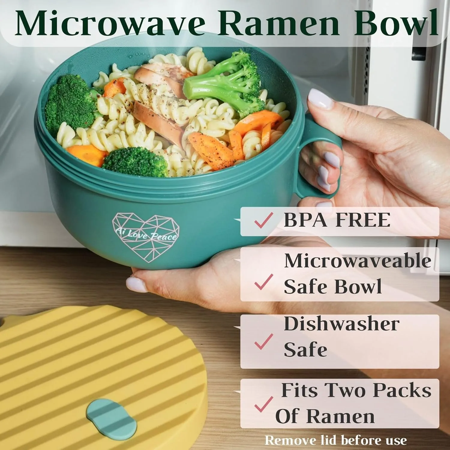 AI LOVE PEACE Ramen Bowl, 40 oz Microwaveable Noodle Cooker for Ramen, Pho, Soup, and Pasta, Dishwasher Safe and Portable, Ideal for Home, Office, Dorm, or Gift (Green)