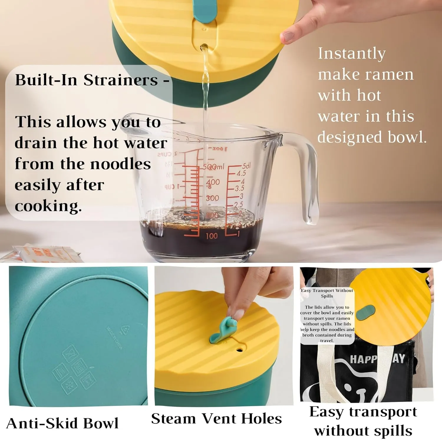 AI LOVE PEACE Ramen Bowl, 40 oz Microwaveable Noodle Cooker for Ramen, Pho, Soup, and Pasta, Dishwasher Safe and Portable, Ideal for Home, Office, Dorm, or Gift (Green)
