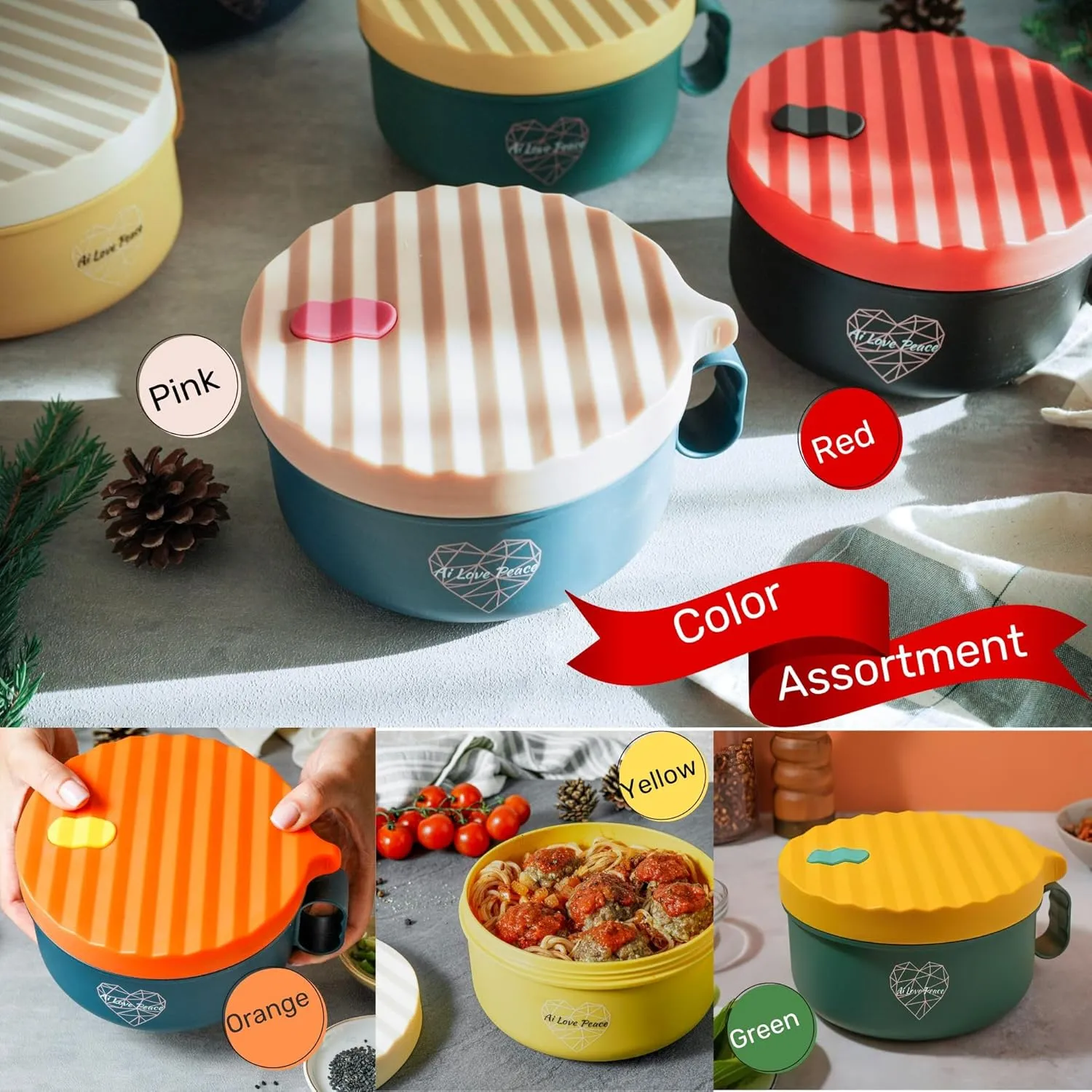 AI LOVE PEACE Ramen Bowl, 40 oz Microwaveable Noodle Cooker for Ramen, Pho, Soup, and Pasta, Dishwasher Safe and Portable, Ideal for Home, Office, Dorm, or Gift (Orange)