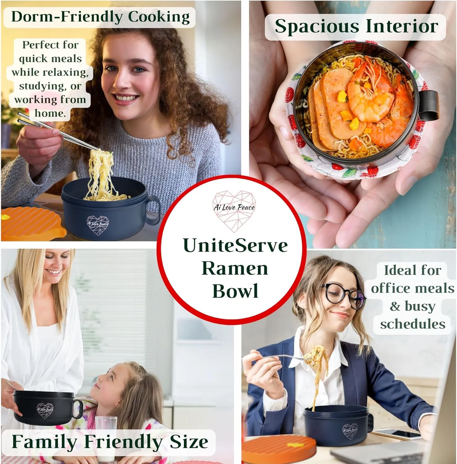 AI LOVE PEACE Ramen Bowl, 40 oz Microwaveable Noodle Cooker for Ramen, Pho, Soup, and Pasta, Dishwasher Safe and Portable, Ideal for Home, Office, Dorm, or Gift (Orange)