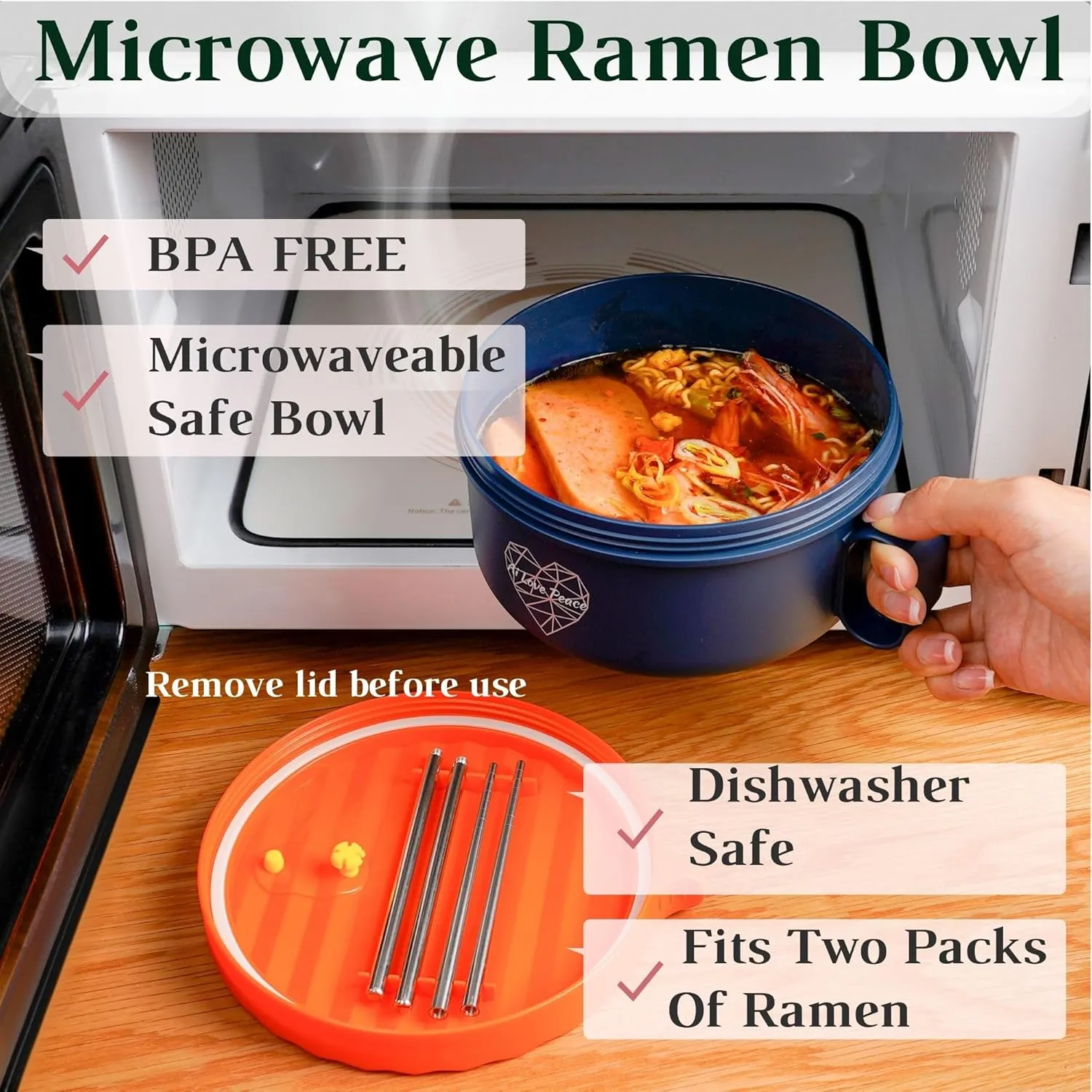 AI LOVE PEACE Ramen Bowl, 40 oz Microwaveable Noodle Cooker for Ramen, Pho, Soup, and Pasta, Dishwasher Safe and Portable, Ideal for Home, Office, Dorm, or Gift (Orange)