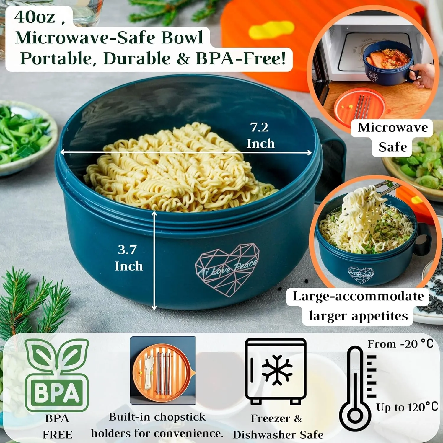 AI LOVE PEACE Ramen Bowl, 40 oz Microwaveable Noodle Cooker for Ramen, Pho, Soup, and Pasta, Dishwasher Safe and Portable, Ideal for Home, Office, Dorm, or Gift (Orange)