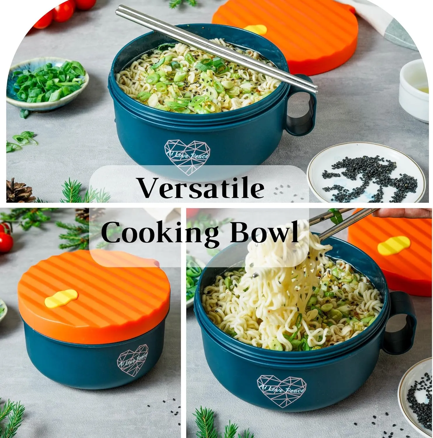 AI LOVE PEACE Ramen Bowl, 40 oz Microwaveable Noodle Cooker for Ramen, Pho, Soup, and Pasta, Dishwasher Safe and Portable, Ideal for Home, Office, Dorm, or Gift (Orange)