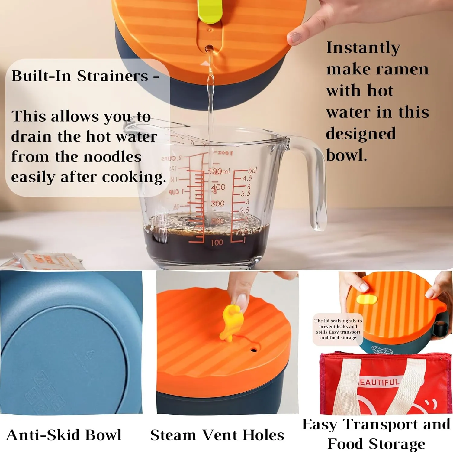 AI LOVE PEACE Ramen Bowl, 40 oz Microwaveable Noodle Cooker for Ramen, Pho, Soup, and Pasta, Dishwasher Safe and Portable, Ideal for Home, Office, Dorm, or Gift (Orange)