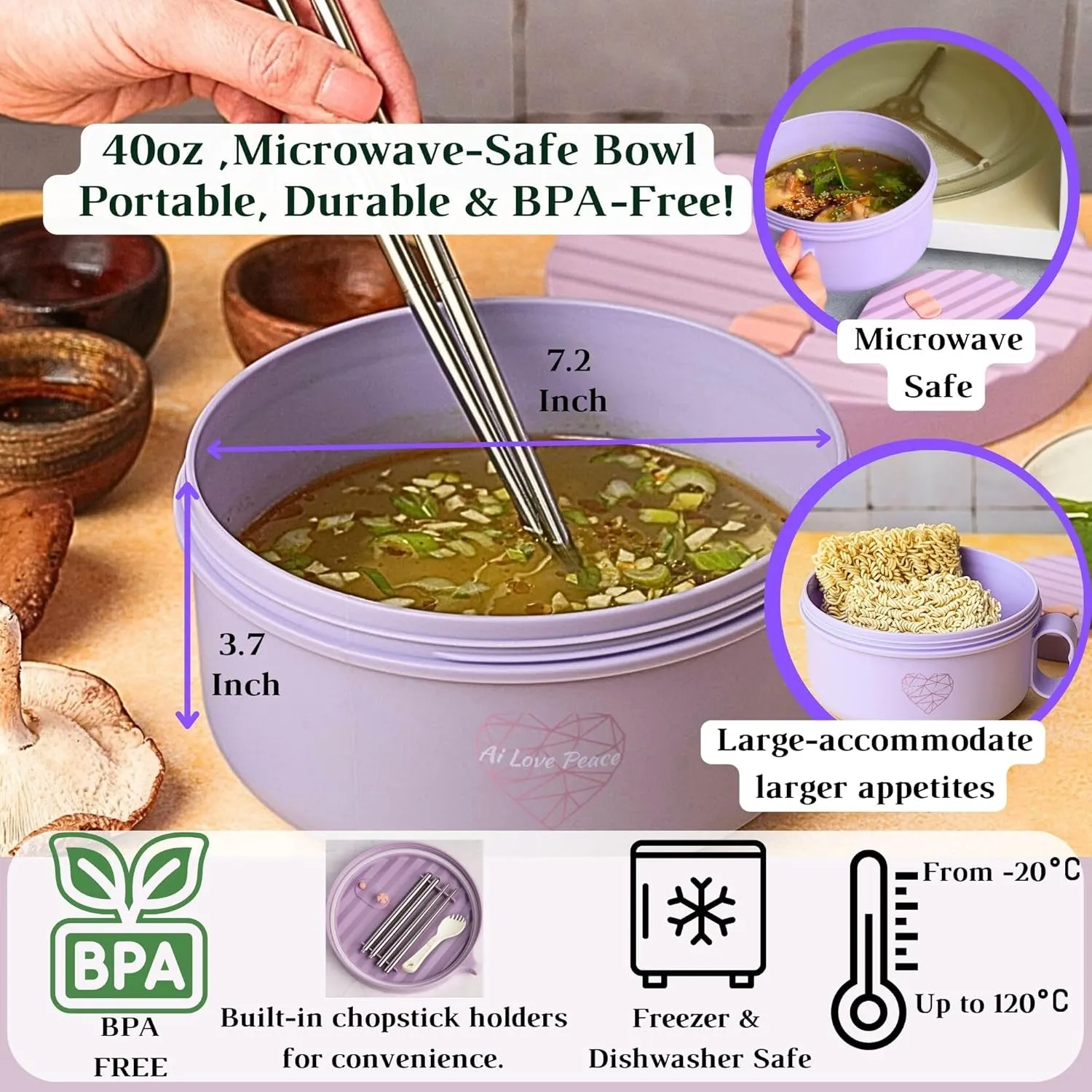 AI LOVE PEACE Ramen Bowl, 40 oz Microwaveable Noodle Cooker for Ramen, Pho, Soup, and Pasta, Dishwasher Safe and Portable, Ideal for Home, Office, Dorm, or Gift (Purple)
