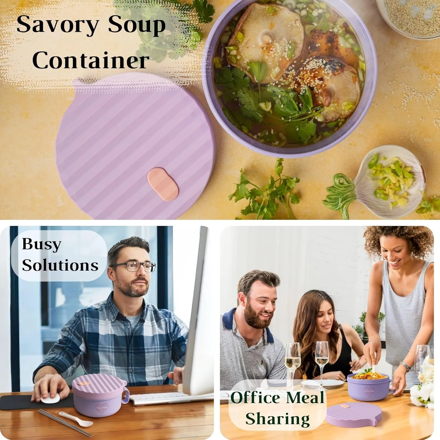 AI LOVE PEACE Ramen Bowl, 40 oz Microwaveable Noodle Cooker for Ramen, Pho, Soup, and Pasta, Dishwasher Safe and Portable, Ideal for Home, Office, Dorm, or Gift (Purple)