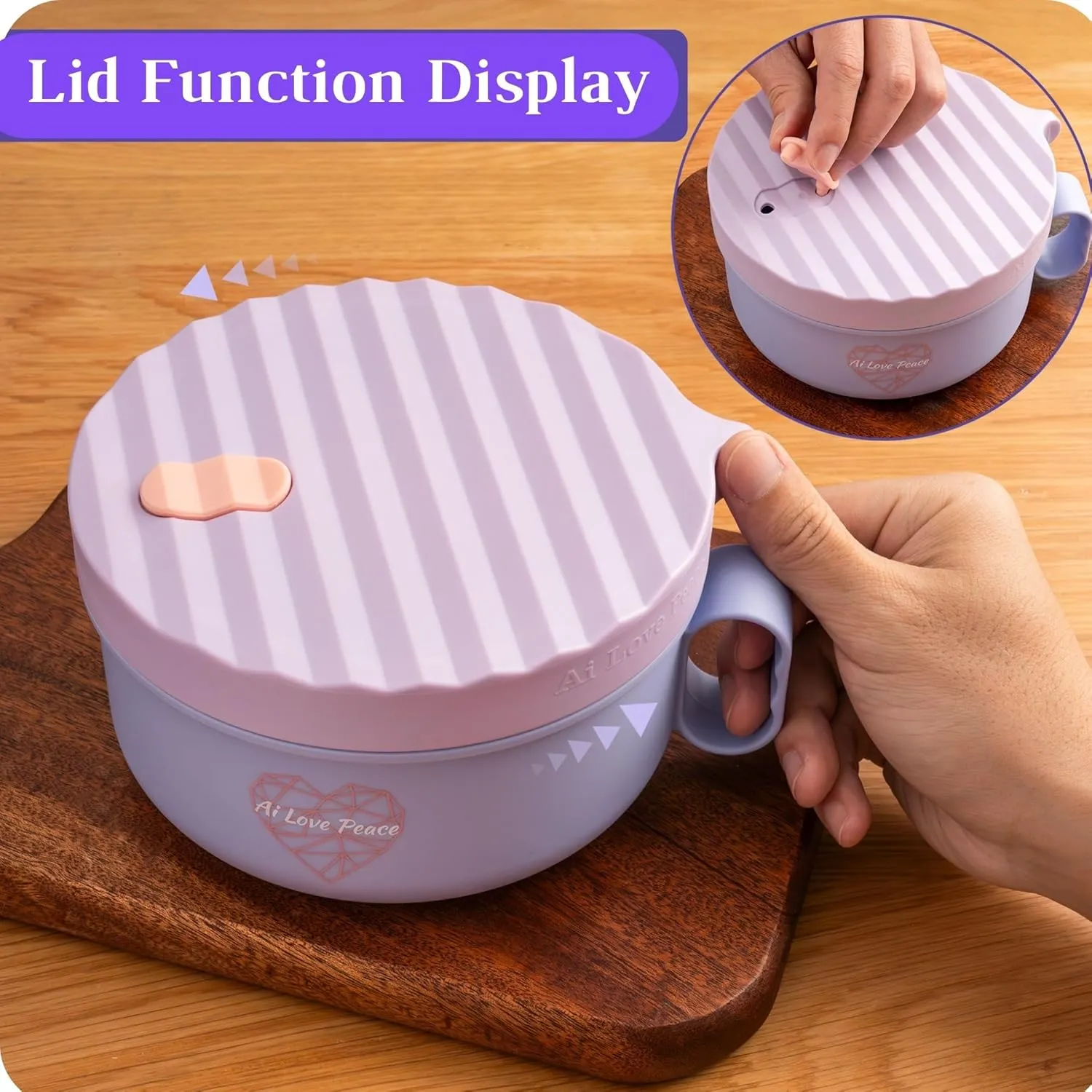 AI LOVE PEACE Ramen Bowl, 40 oz Microwaveable Noodle Cooker for Ramen, Pho, Soup, and Pasta, Dishwasher Safe and Portable, Ideal for Home, Office, Dorm, or Gift (Purple)