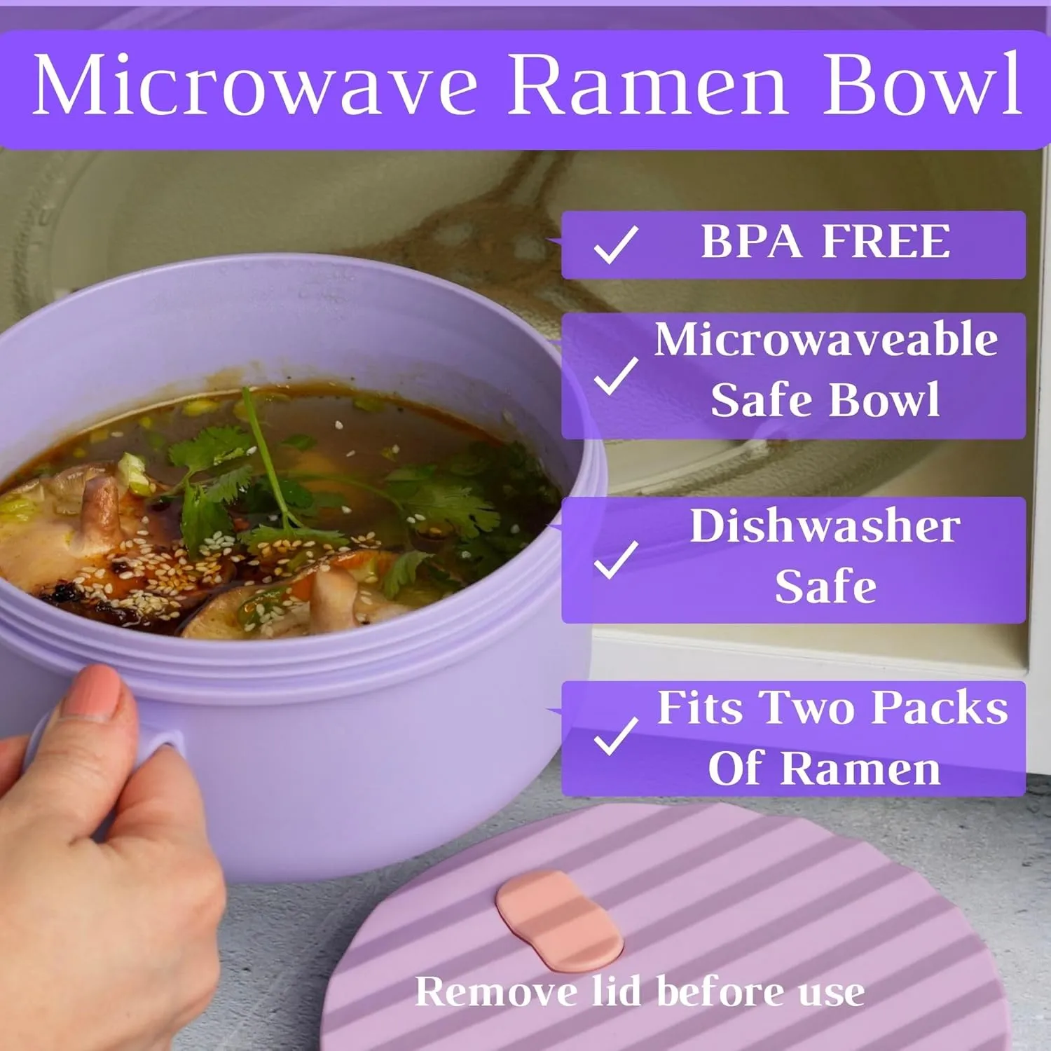 AI LOVE PEACE Ramen Bowl, 40 oz Microwaveable Noodle Cooker for Ramen, Pho, Soup, and Pasta, Dishwasher Safe and Portable, Ideal for Home, Office, Dorm, or Gift (Purple)