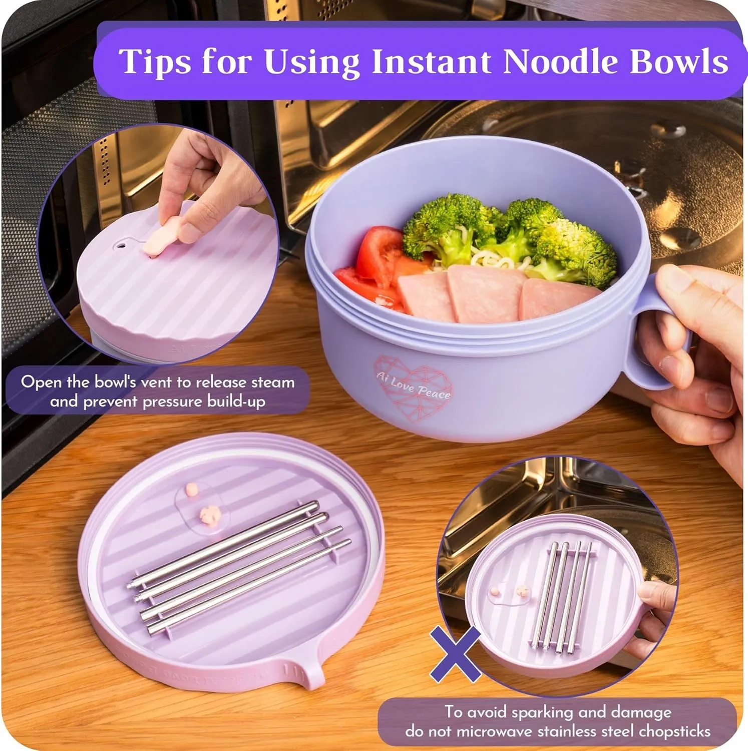 AI LOVE PEACE Ramen Bowl, 40 oz Microwaveable Noodle Cooker for Ramen, Pho, Soup, and Pasta, Dishwasher Safe and Portable, Ideal for Home, Office, Dorm, or Gift (Purple)