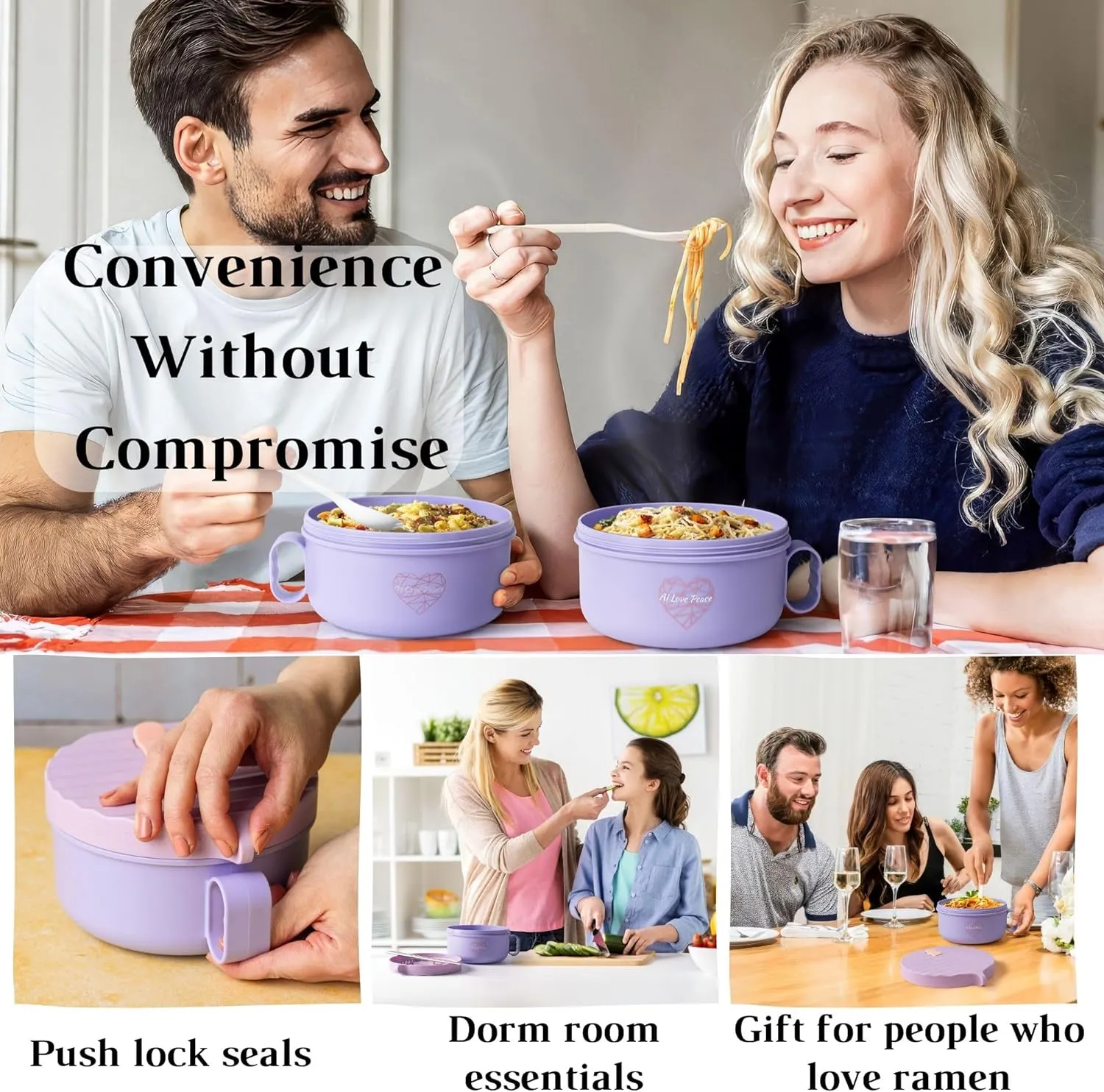 AI LOVE PEACE Ramen Bowl, 40 oz Microwaveable Noodle Cooker for Ramen, Pho, Soup, and Pasta, Dishwasher Safe and Portable, Ideal for Home, Office, Dorm, or Gift (Purple)