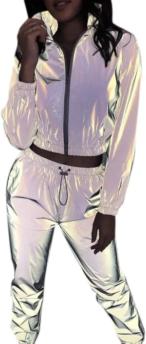 AIBEARTY Women Rave Reflective Tracksuit Zip Up Long Sleeves Jacket Jogger Pants with Pockets for Sport Party