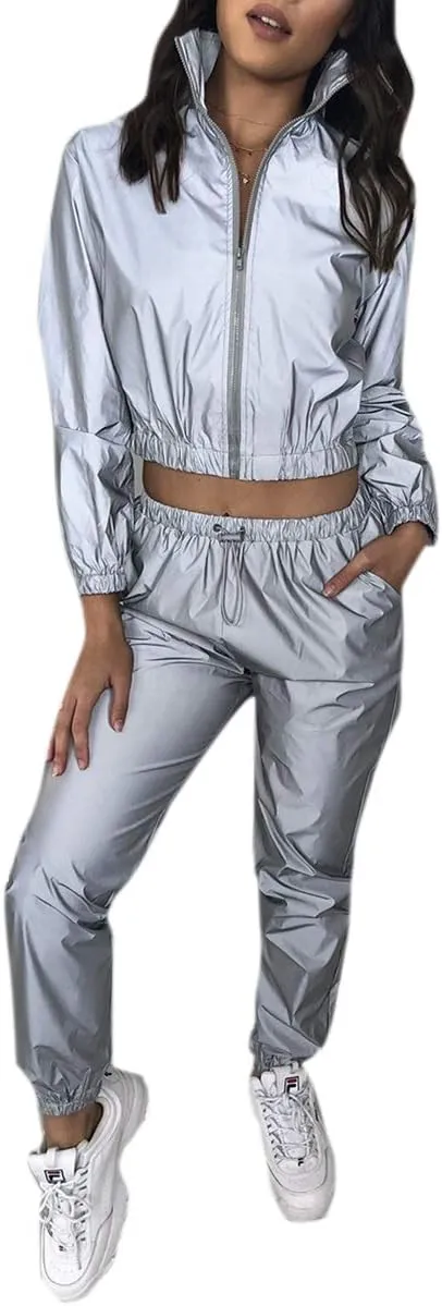 AIBEARTY Women Rave Reflective Tracksuit Zip Up Long Sleeves Jacket Jogger Pants with Pockets for Sport Party
