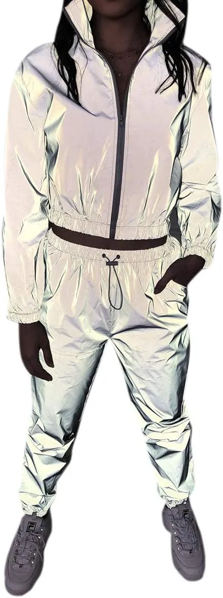 AIBEARTY Women Rave Reflective Tracksuit Zip Up Long Sleeves Jacket Jogger Pants with Pockets for Sport Party