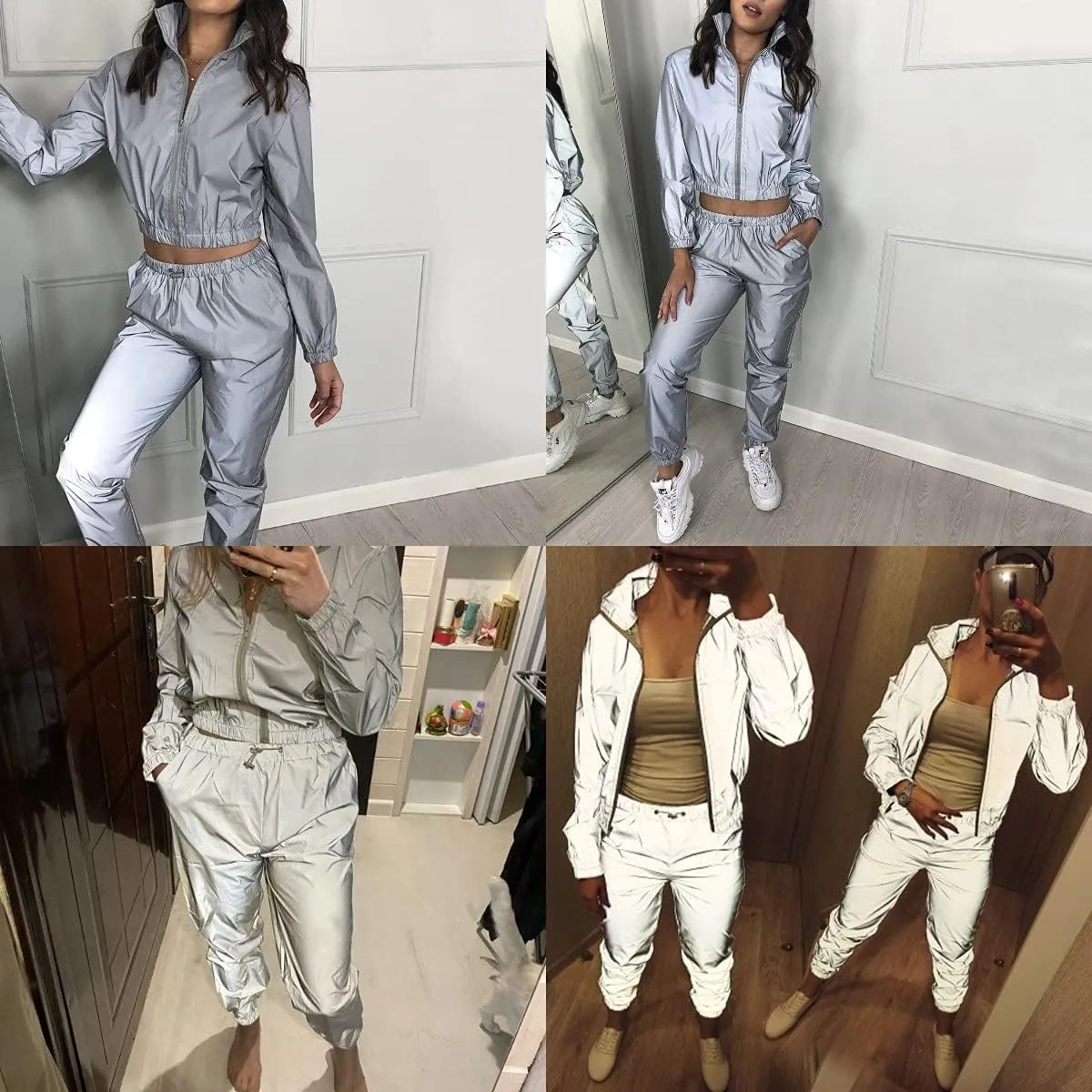 AIBEARTY Women Rave Reflective Tracksuit Zip Up Long Sleeves Jacket Jogger Pants with Pockets for Sport Party