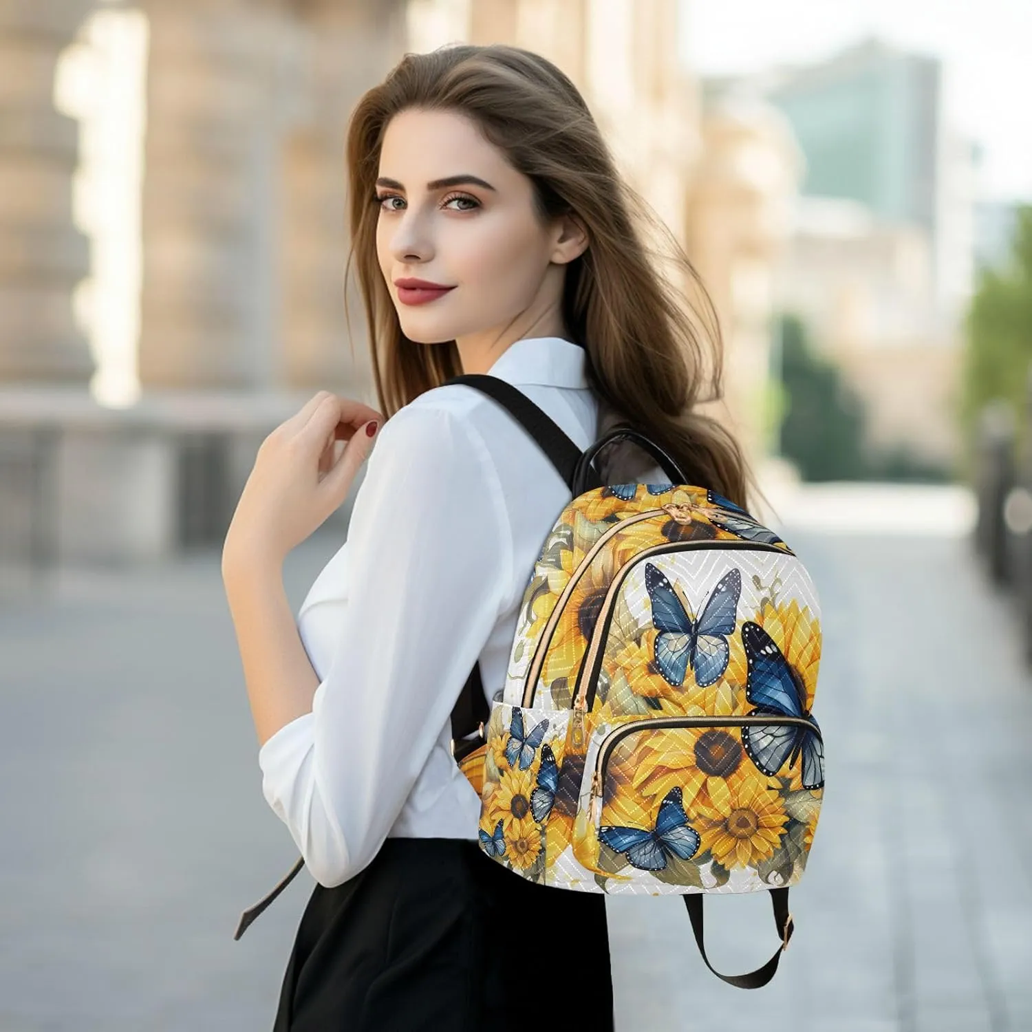 ALAZA Blue Butterflies Sunflowers Mini Backpack Purse for Women Travel Bag Lightweight Shoulder Bag Fashion Daypack