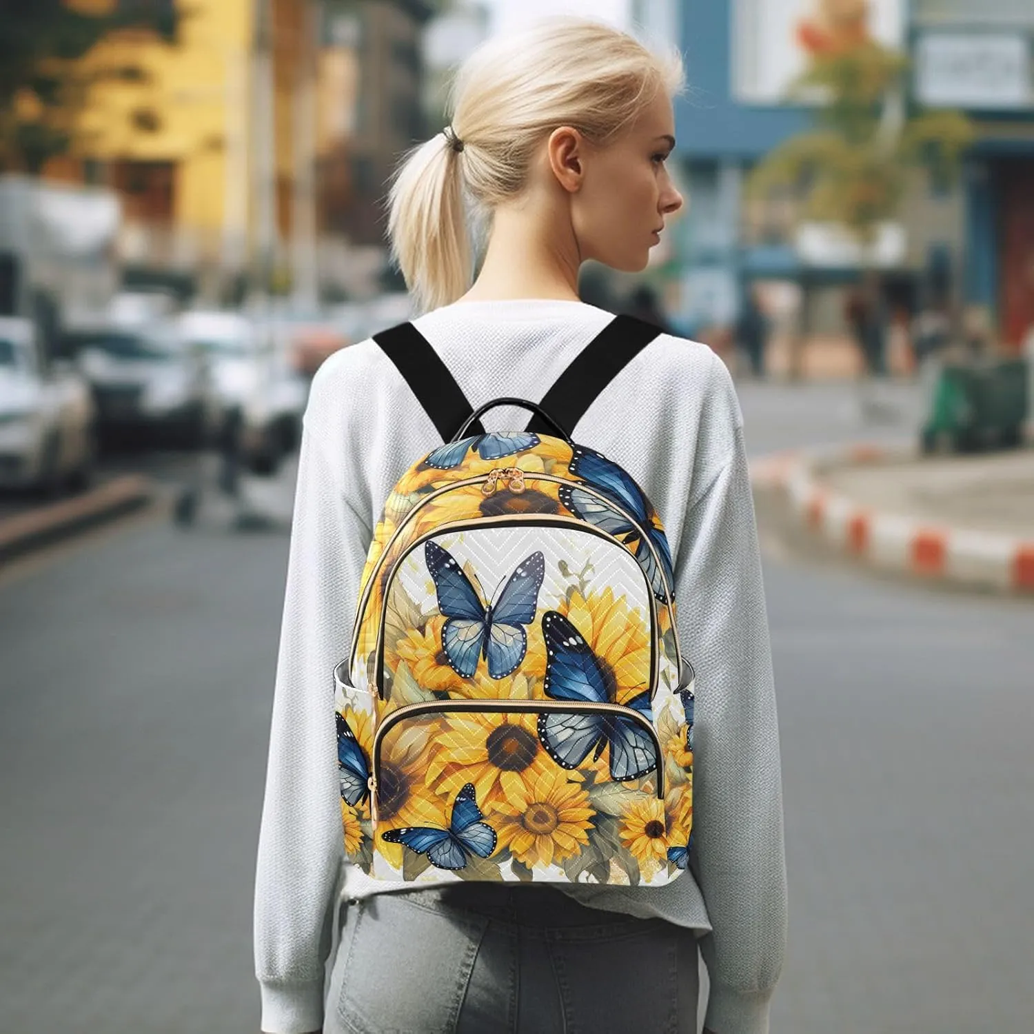 ALAZA Blue Butterflies Sunflowers Mini Backpack Purse for Women Travel Bag Lightweight Shoulder Bag Fashion Daypack