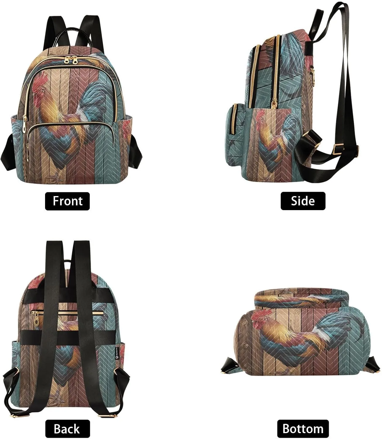 ALAZA Color Wood Rosster Cute Women Backpack Purse Ladies Fashion Shoulder Bag Daypack Travel Bag 10L