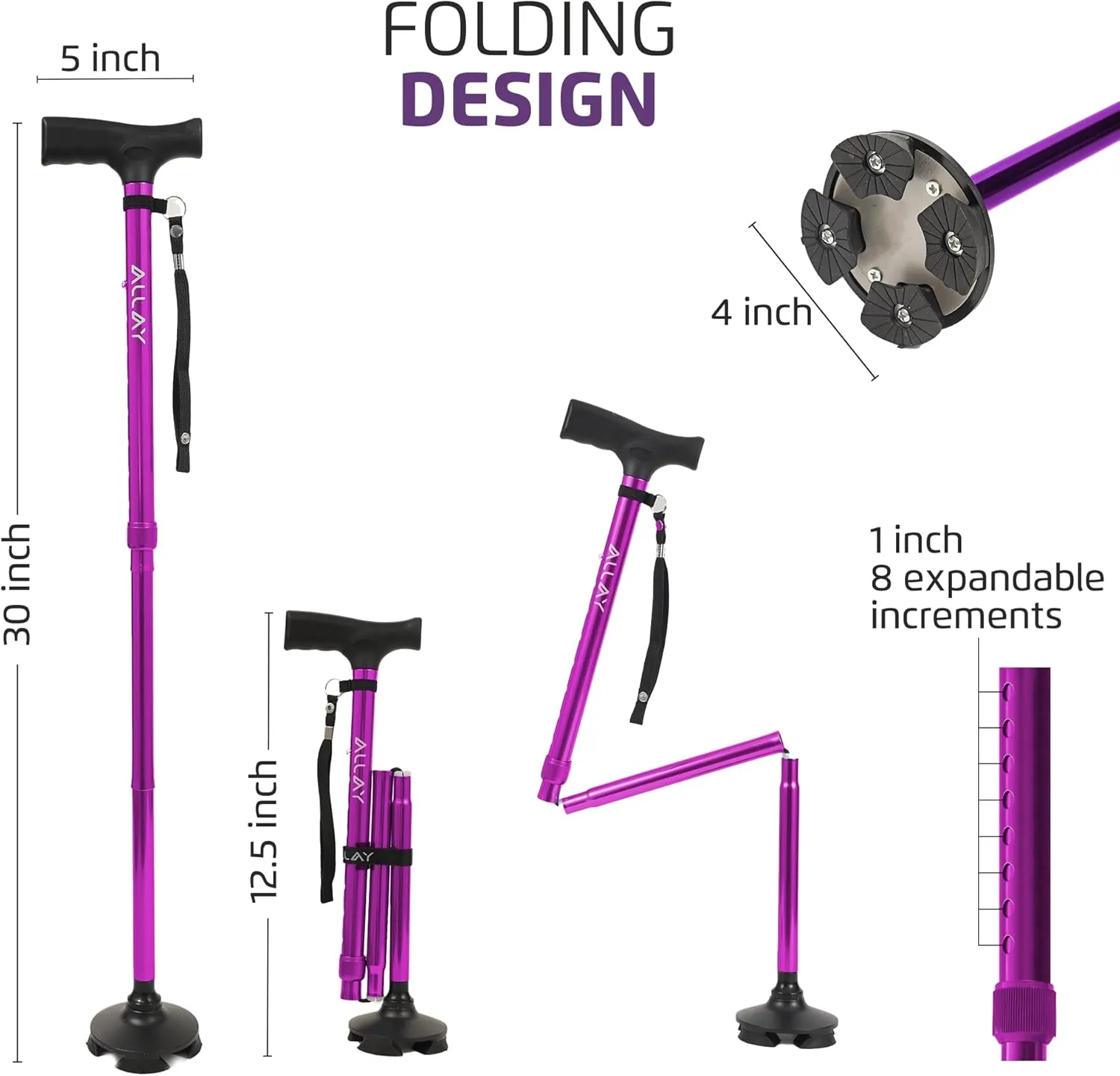Allay Walking Cane for Men & Women - Foldable, Adjustable, Collapsible Walking Canes for Seniors Balance, Free Standing, Pivot Tip, Heavy Duty, with Travel Bag | Walking Sticks for Seniors & Adults