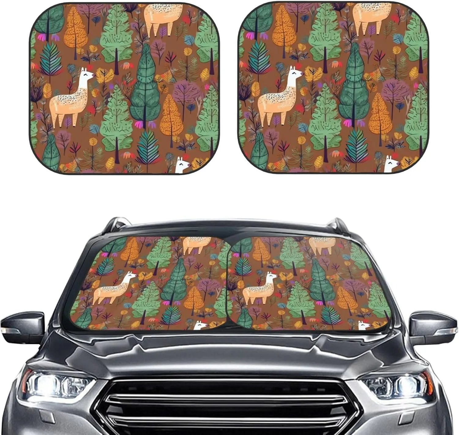 Alpaca in The Forest Windshield Sun Shade 2 PCS Foldable Car Front Window Sunshade for Sun, Heat and UV Rays Auto Sun Blocker Visor Protector with Storage Bag for Cars, SUVs Small