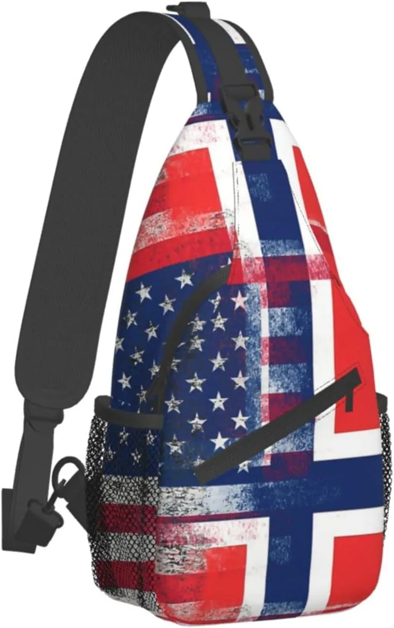 American Flag and Norwegian Flag Hiking Daypacks Cross-body Sling Backpack for Men Women Outdoor Cycling Hiking Travel