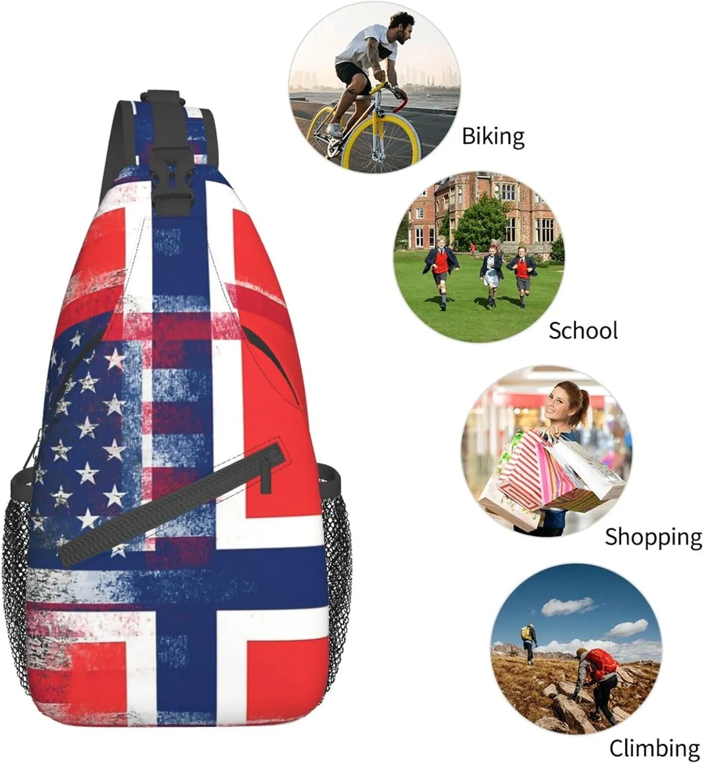 American Flag and Norwegian Flag Hiking Daypacks Cross-body Sling Backpack for Men Women Outdoor Cycling Hiking Travel