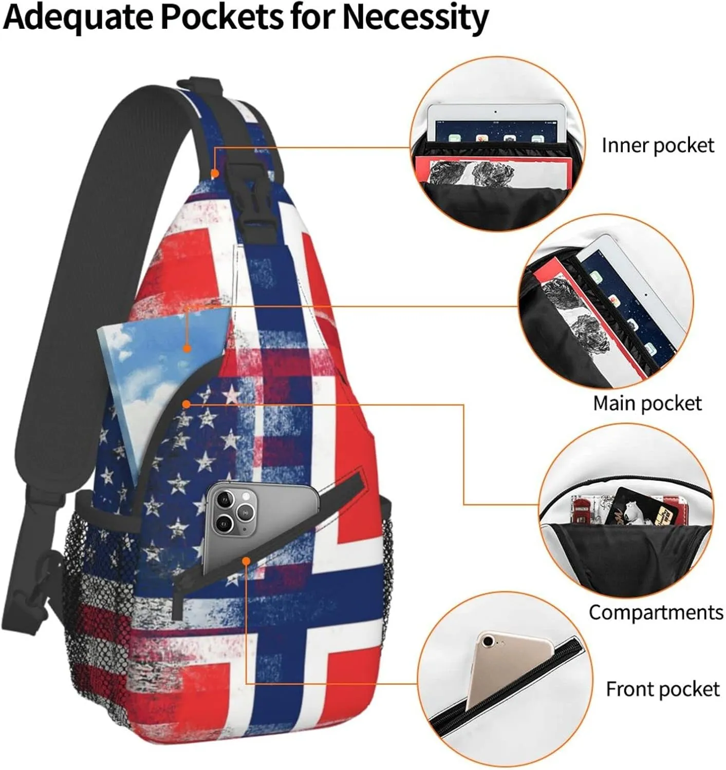 American Flag and Norwegian Flag Hiking Daypacks Cross-body Sling Backpack for Men Women Outdoor Cycling Hiking Travel