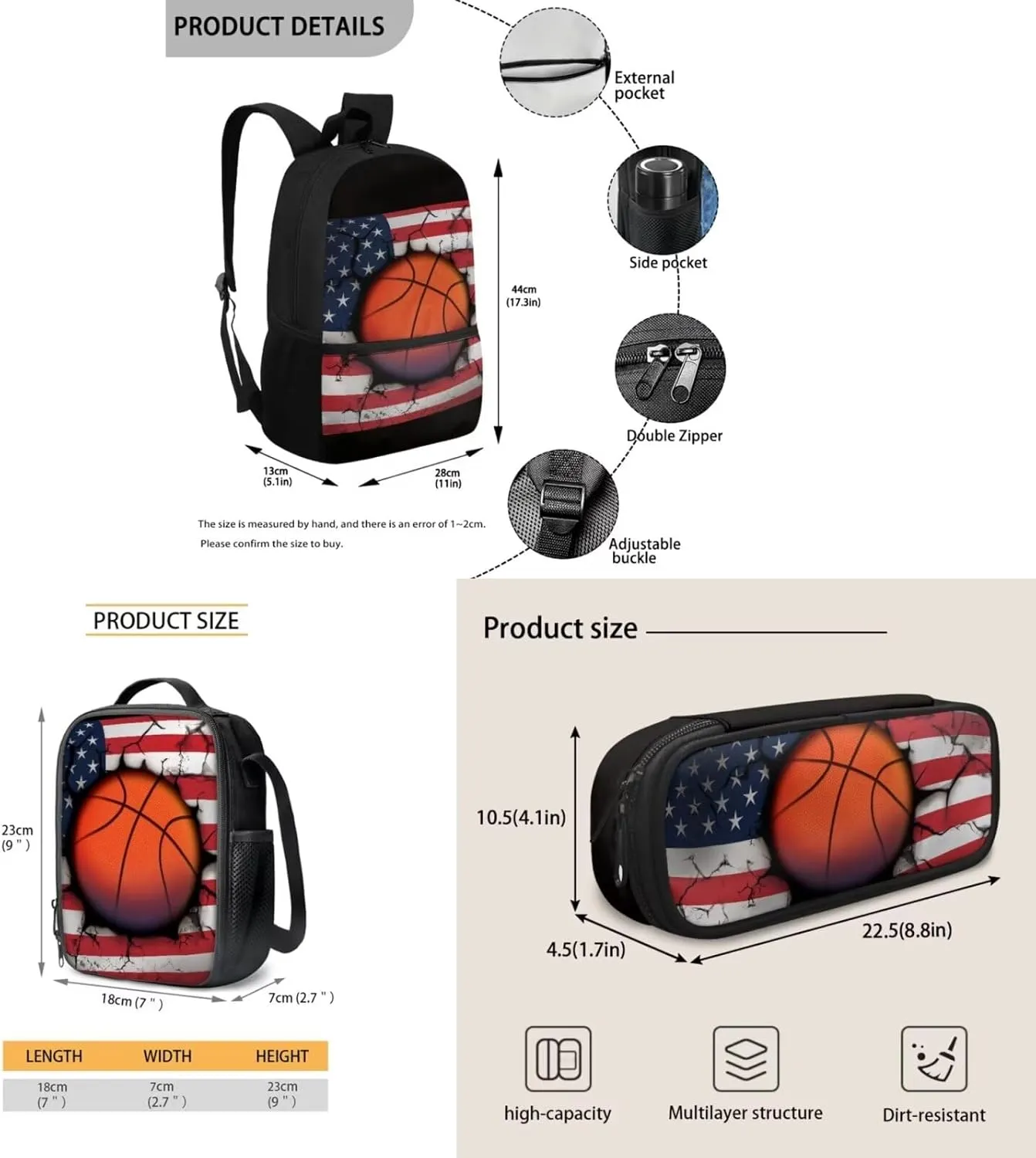 American Flag Basketball Backpack with Lunch Tote Pencil Case Set for Elementary Middle School Lightweight School Bags Daypack for Outdoor Sports Travel