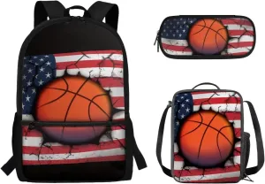 American Flag Basketball Backpack with Lunch Tote Pencil Case Set for Elementary Middle School Lightweight School Bags Daypack for Outdoor Sports Travel