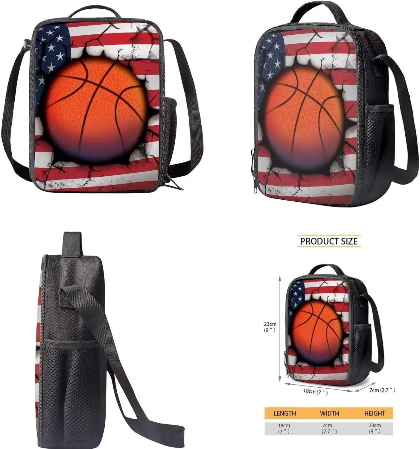 American Flag Basketball Backpack with Lunch Tote Pencil Case Set for Elementary Middle School Lightweight School Bags Daypack for Outdoor Sports Travel