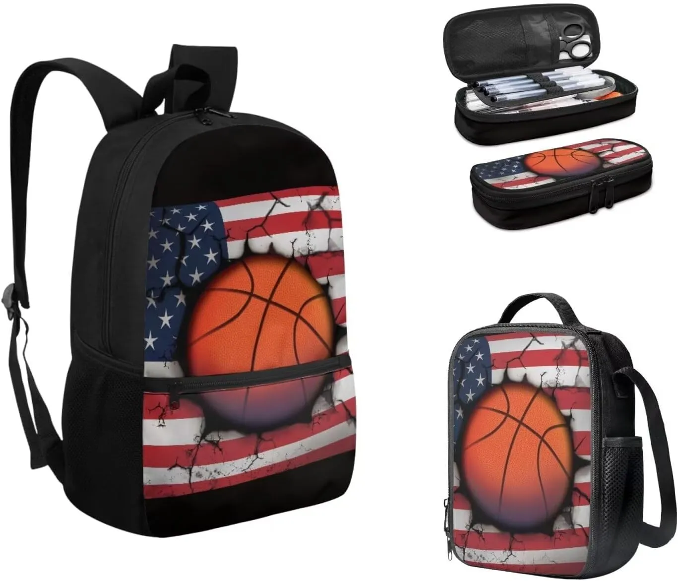American Flag Basketball Backpack with Lunch Tote Pencil Case Set for Elementary Middle School Lightweight School Bags Daypack for Outdoor Sports Travel