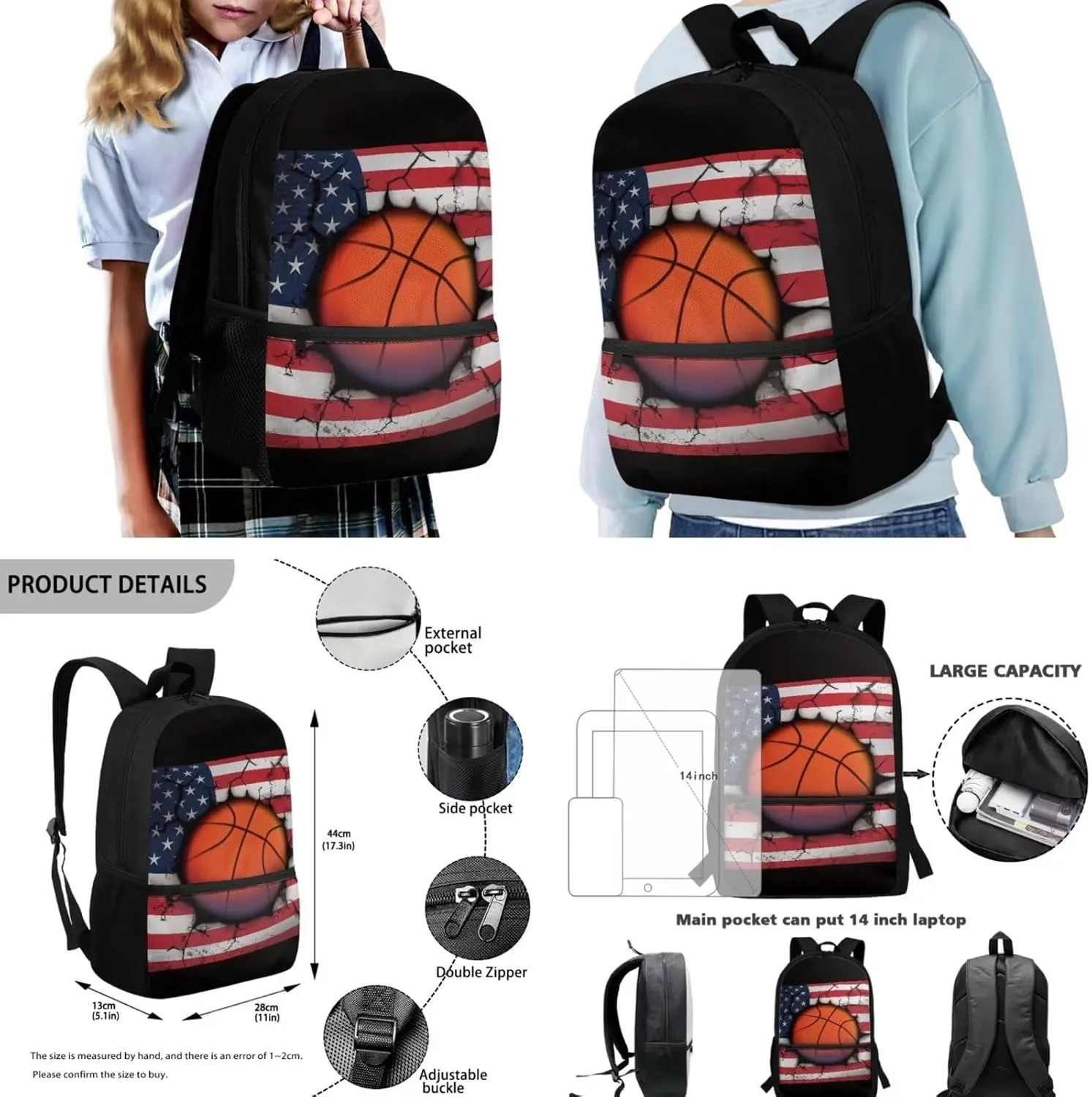 American Flag Basketball Backpack with Lunch Tote Pencil Case Set for Elementary Middle School Lightweight School Bags Daypack for Outdoor Sports Travel