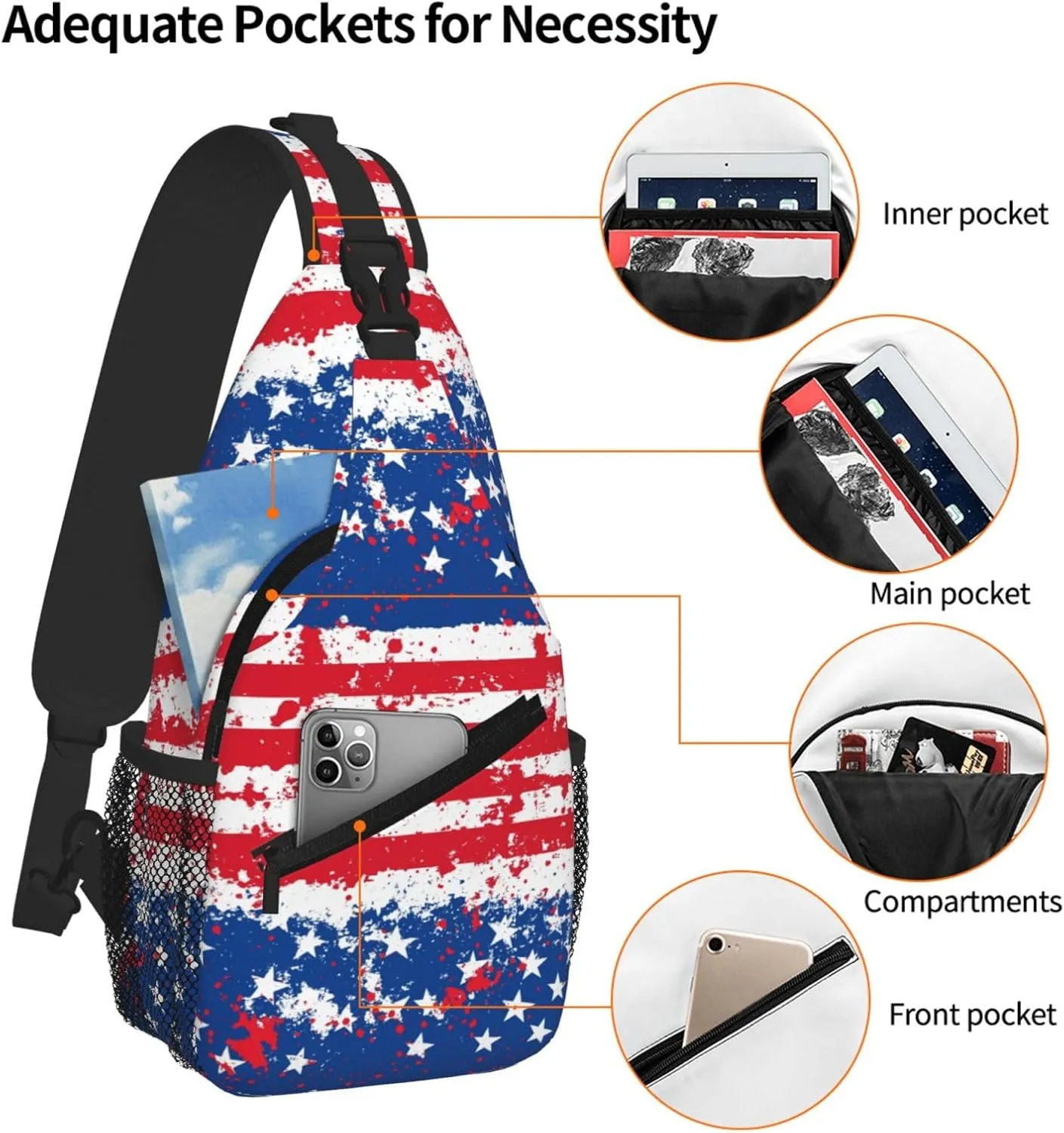 American Flags Sling Bag Crossbody Backpack Shoulder Daypack Multipurpose Cross Body Chest Bag for Men Women Travel Hiking Sports Gym