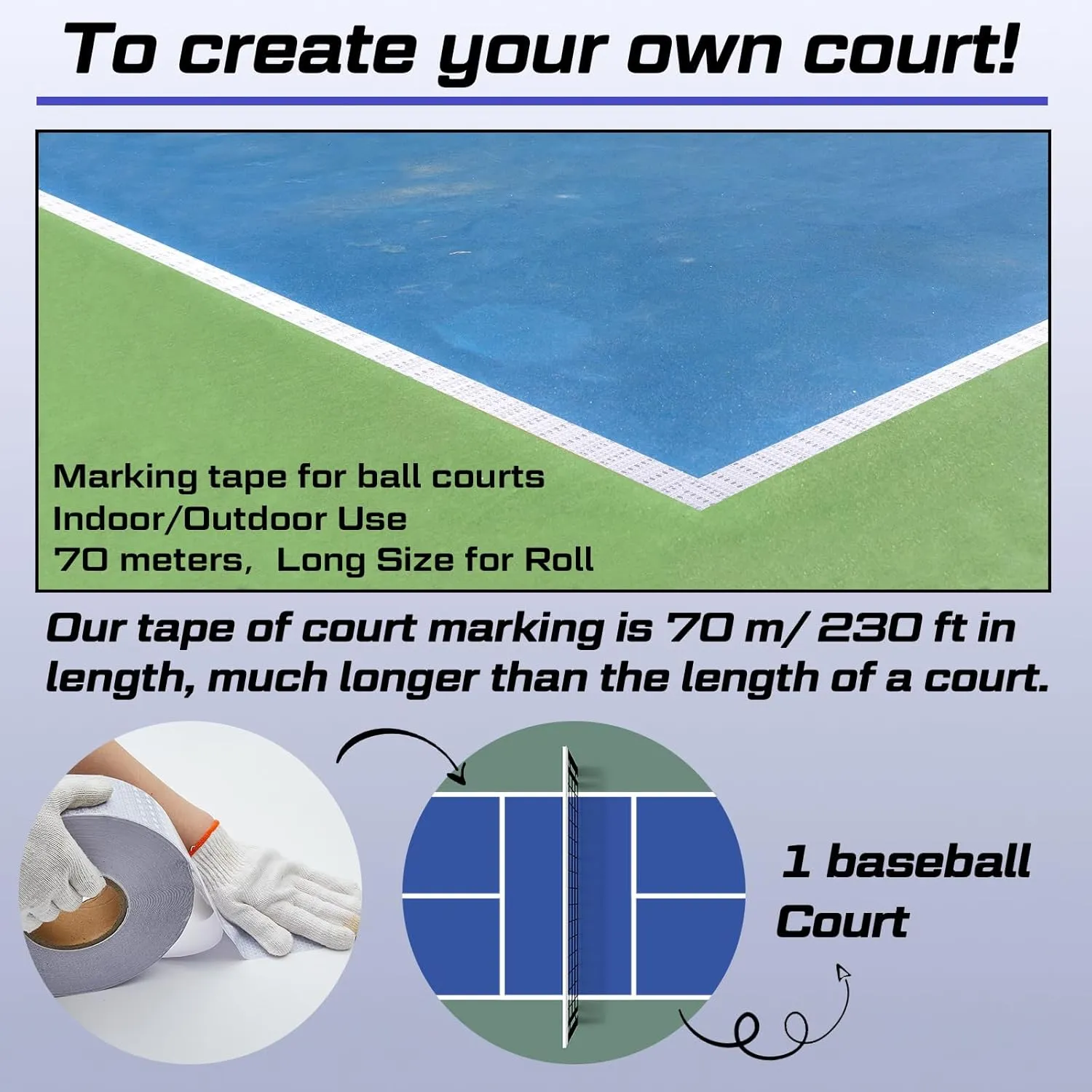 Amylove 230 Ft Driveway Basketball Tape Outdoor Court Tape Adhesive Court Marking Tape Court Lines for Tennis Badminton Parking Floor Pavement Driveway Indoor, 2 in Wide (White, PVC)