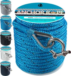 Anchor Rope 100 Ft 3/8 in, Double Braided Anchor Line with 316 Stainless Steel Thimble & Shackle, Boat Anchor Rope for Boats Up to 27' - Blue