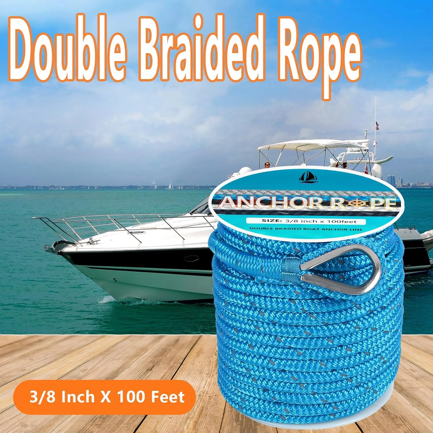 Anchor Rope 100 Ft 3/8 in, Double Braided Anchor Line with 316 Stainless Steel Thimble & Shackle, Boat Anchor Rope for Boats Up to 27' - Blue