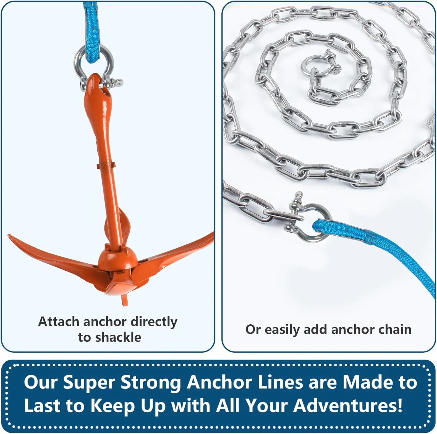 Anchor Rope 100 Ft 3/8 in, Double Braided Anchor Line with 316 Stainless Steel Thimble & Shackle, Boat Anchor Rope for Boats Up to 27' - Blue