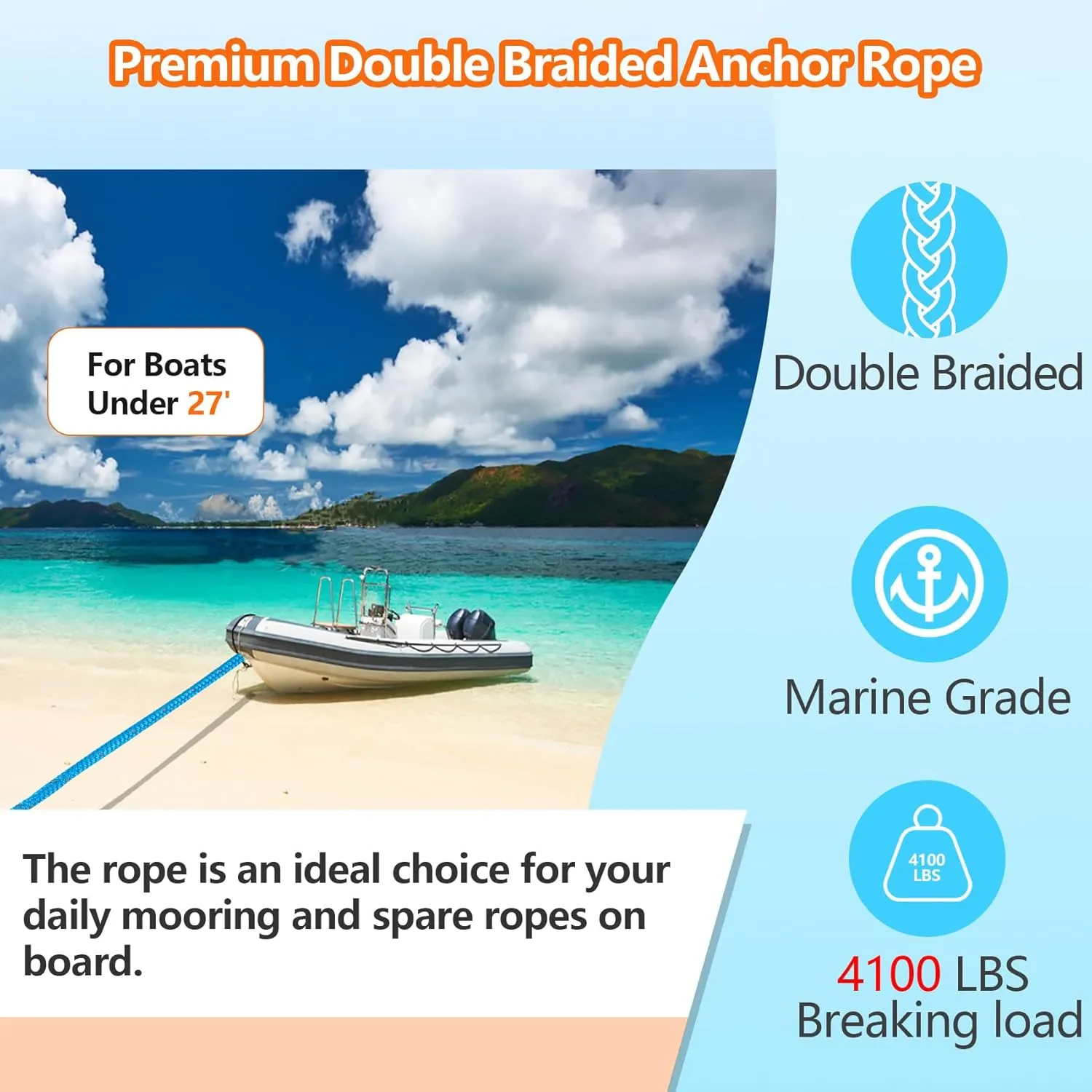 Anchor Rope 100 Ft 3/8 in, Double Braided Anchor Line with 316 Stainless Steel Thimble & Shackle, Boat Anchor Rope for Boats Up to 27' - Blue