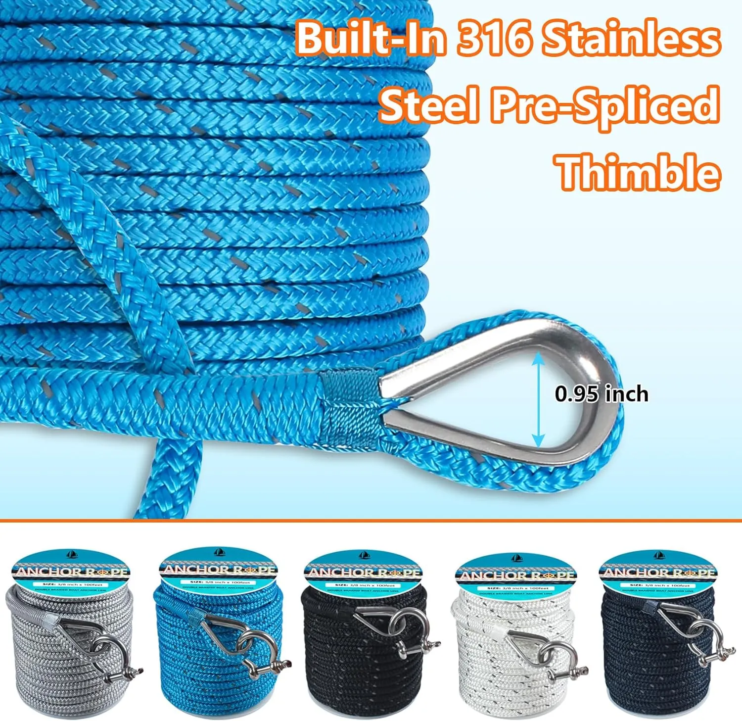 Anchor Rope 100 Ft 3/8 in, Double Braided Anchor Line with 316 Stainless Steel Thimble & Shackle, Boat Anchor Rope for Boats Up to 27' - Blue