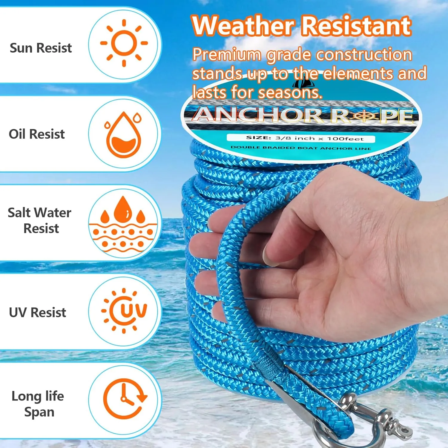Anchor Rope 100 Ft 3/8 in, Double Braided Anchor Line with 316 Stainless Steel Thimble & Shackle, Boat Anchor Rope for Boats Up to 27' - Blue