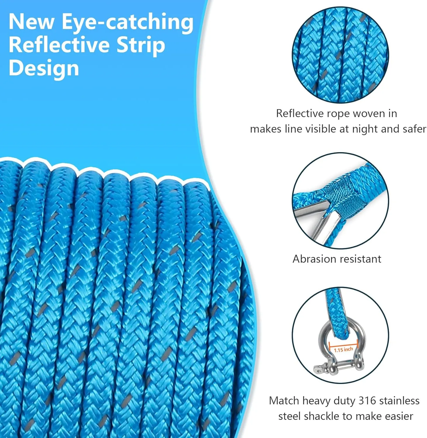 Anchor Rope 100 Ft 3/8 in, Double Braided Anchor Line with 316 Stainless Steel Thimble & Shackle, Boat Anchor Rope for Boats Up to 27' - Blue
