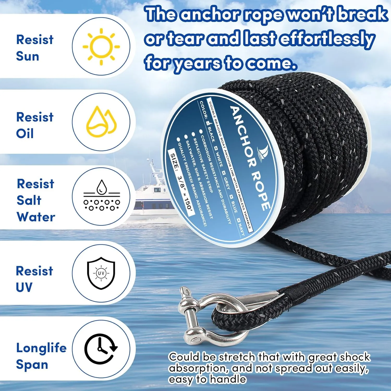 Anchor Rope 150 ft x 3/8 inch Black, Double Braided Anchor Line with Stainless Steel Thimble & Shackle, Boat Rope with Reflective Strip Ideal for Towing,Mooring,Anchoring,for Boats Up to 27'