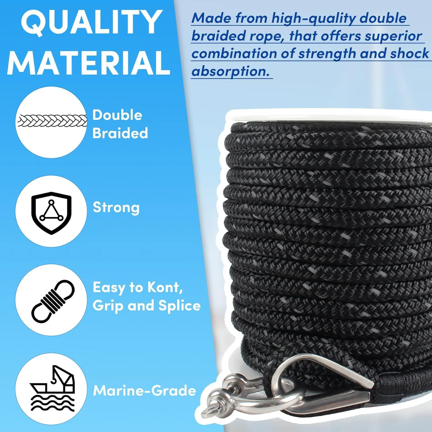 Anchor Rope 150 ft x 3/8 inch Black, Double Braided Anchor Line with Stainless Steel Thimble & Shackle, Boat Rope with Reflective Strip Ideal for Towing,Mooring,Anchoring,for Boats Up to 27'