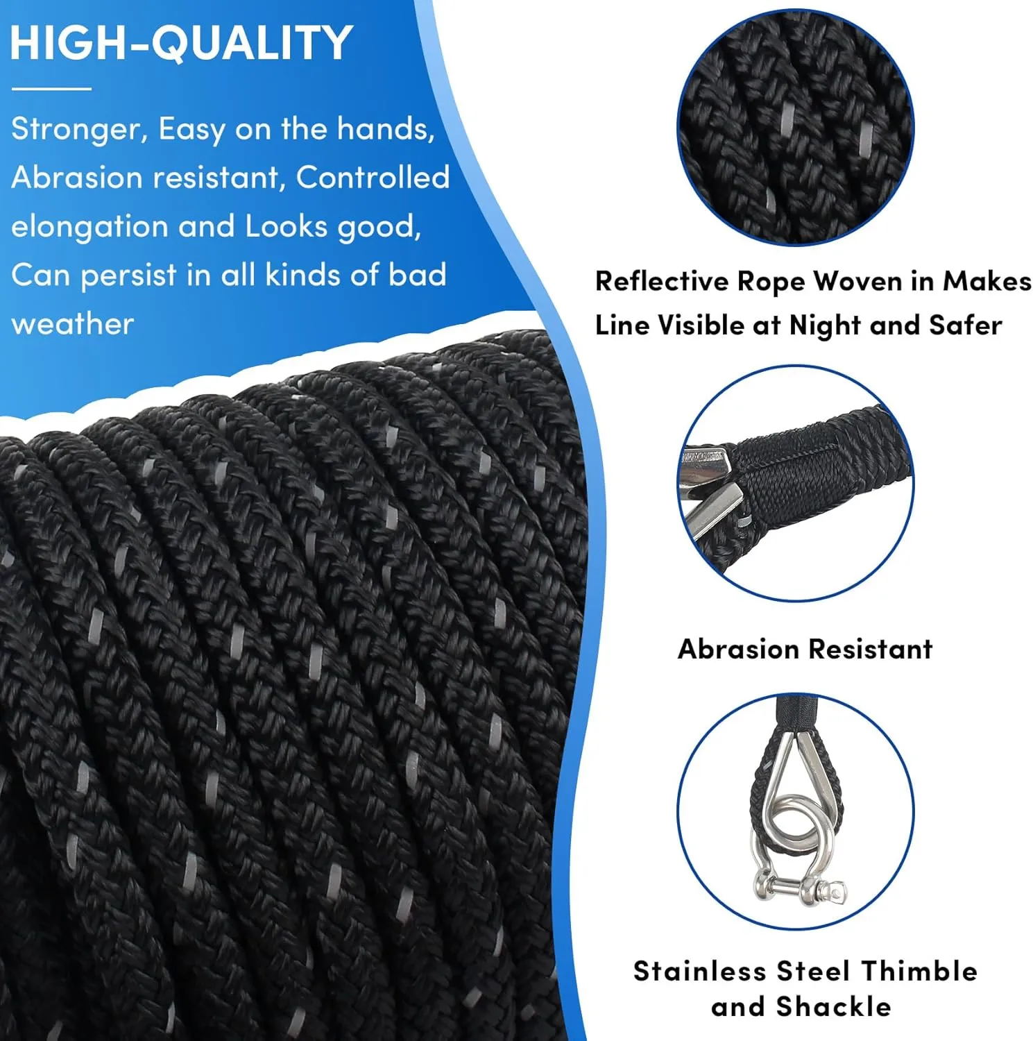 Anchor Rope 150 ft x 3/8 inch Black, Double Braided Anchor Line with Stainless Steel Thimble & Shackle, Boat Rope with Reflective Strip Ideal for Towing,Mooring,Anchoring,for Boats Up to 27'