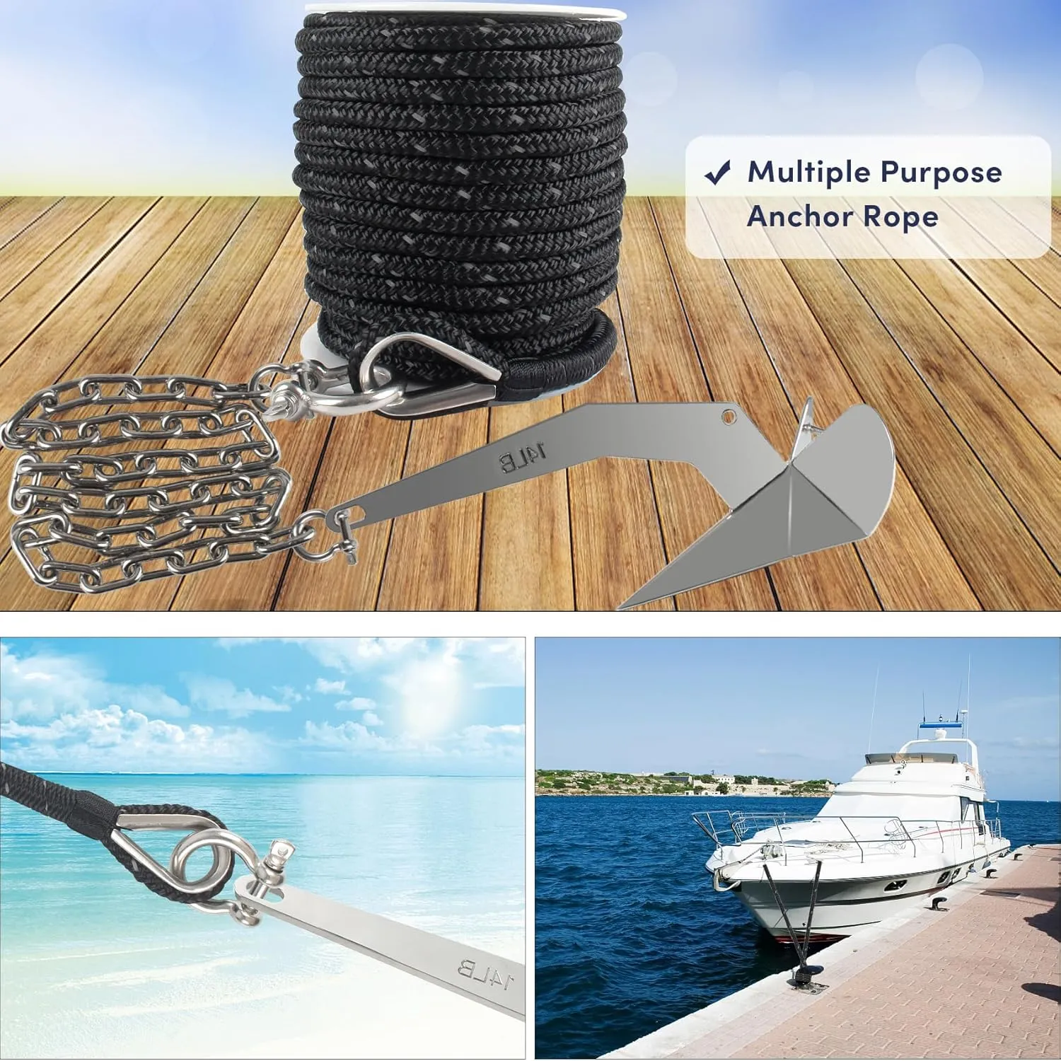 Anchor Rope 150 ft x 3/8 inch Black, Double Braided Anchor Line with Stainless Steel Thimble & Shackle, Boat Rope with Reflective Strip Ideal for Towing,Mooring,Anchoring,for Boats Up to 27'