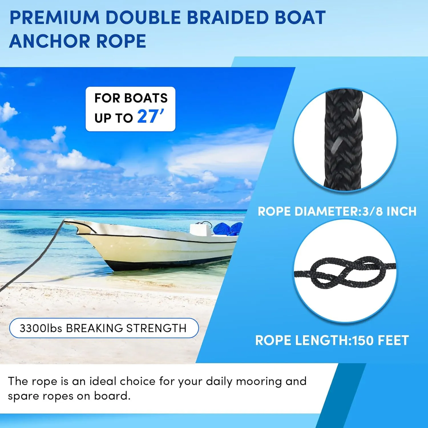 Anchor Rope 150 ft x 3/8 inch Black, Double Braided Anchor Line with Stainless Steel Thimble & Shackle, Boat Rope with Reflective Strip Ideal for Towing,Mooring,Anchoring,for Boats Up to 27'