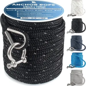Anchor Rope 150 ft x 3/8 inch Black, Double Braided Anchor Line with Stainless Steel Thimble & Shackle, Boat Rope with Reflective Strip Ideal for Towing,Mooring,Anchoring,for Boats Up to 27'