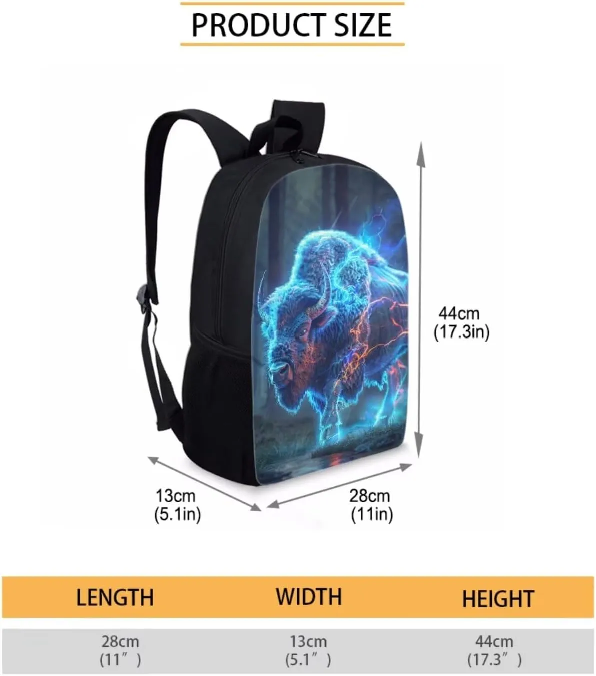 Animal Print Backpack with Lunch Box Pencil Case Cool Lightning American Bison Backpack for Boys Girls Large Capacity Lightweight Blue 17 Inch School Bag Set for Kids