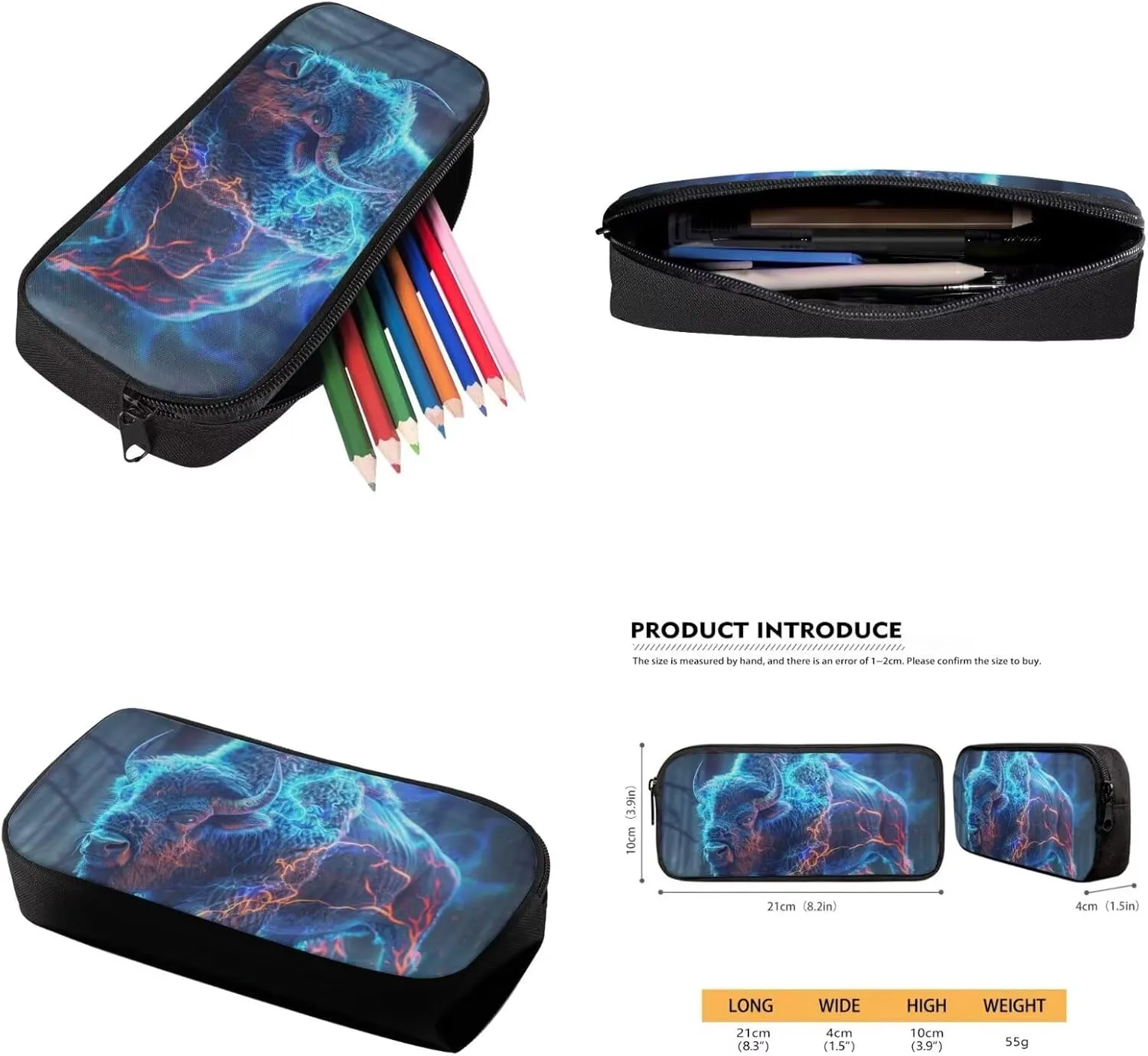 Animal Print Backpack with Lunch Box Pencil Case Cool Lightning American Bison Backpack for Boys Girls Large Capacity Lightweight Blue 17 Inch School Bag Set for Kids