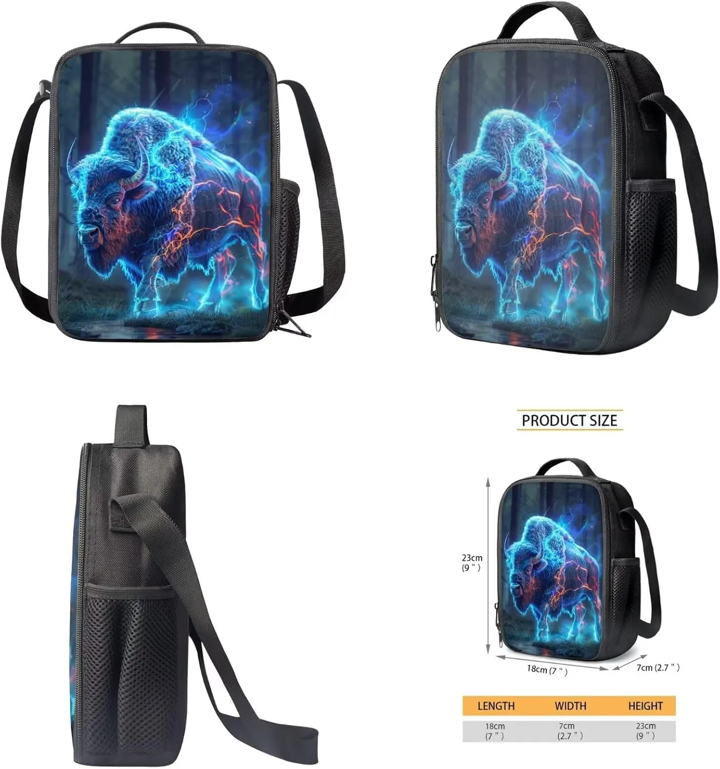 Animal Print Backpack with Lunch Box Pencil Case Cool Lightning American Bison Backpack for Boys Girls Large Capacity Lightweight Blue 17 Inch School Bag Set for Kids